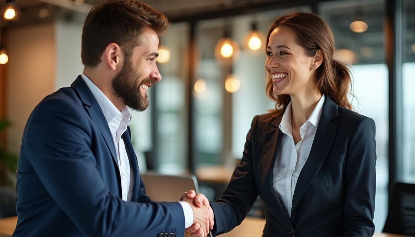 A smiling businessman and businesswoman in dark suits shaking hands in a warmly lit office