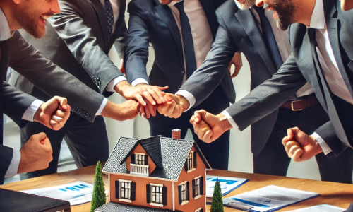An-image-showing-a-group-of-professional-business-buyers-in-suits-enthusiastically-competing-over-a-small-business.-They-are-holding-briefcases-and-sh